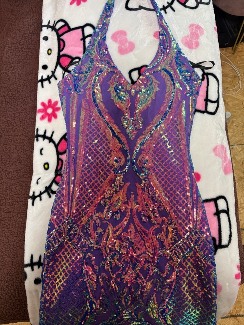 B Darlin Purple Iridescent Sequin Halter Dress